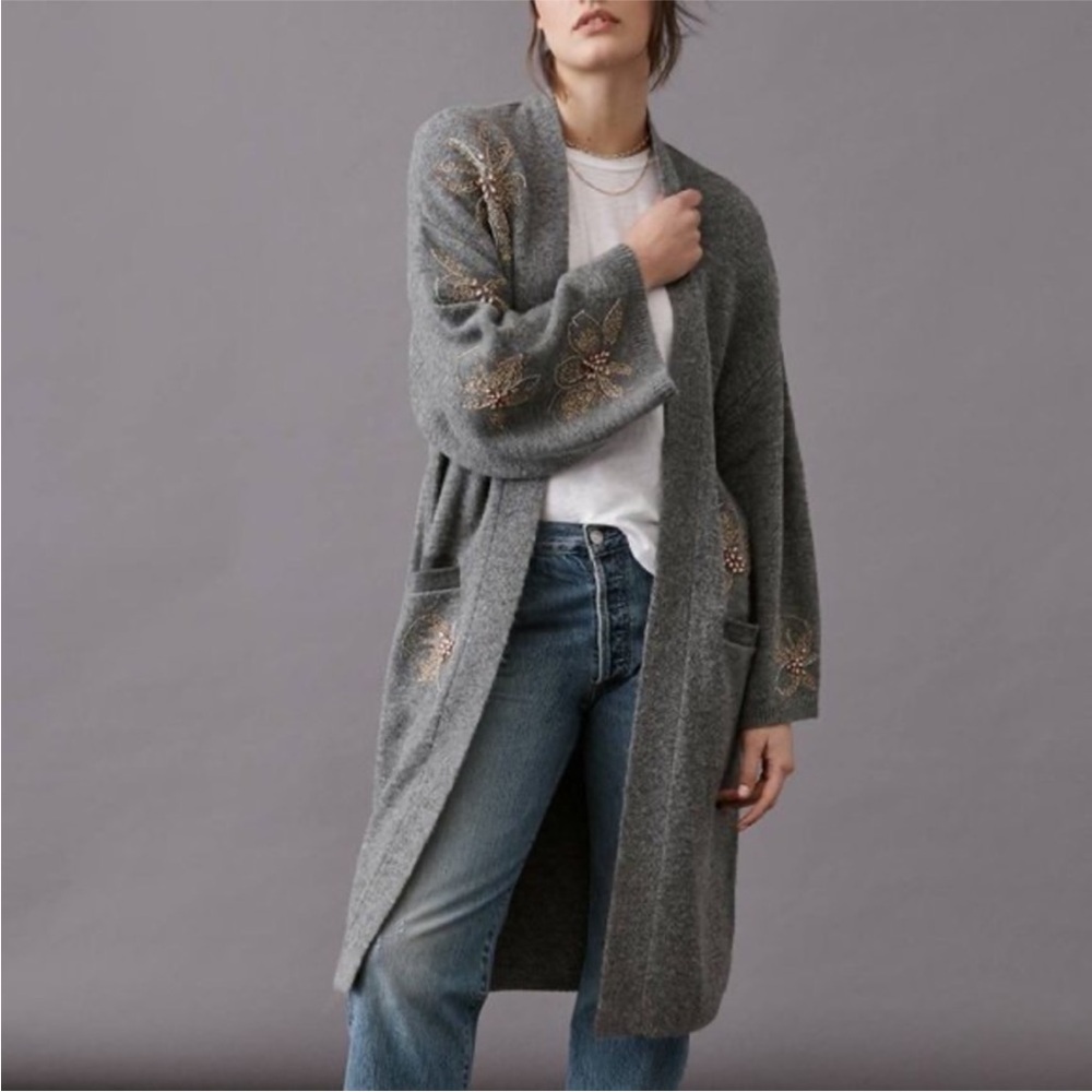 Anthropologie Sweater Gray Embroidered Floral and Jewels Open Cardigan ONE SIZE - Picture 3 of 15
